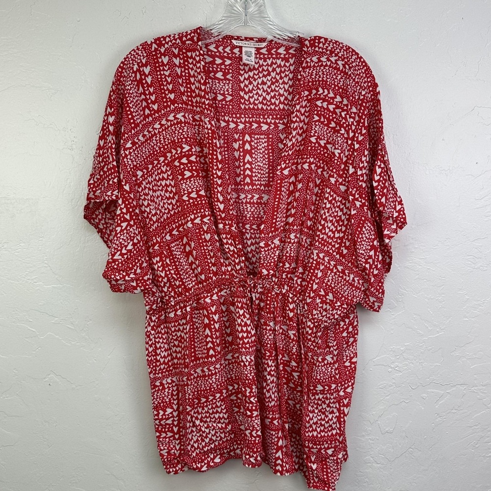Victoria's Secret Kimono Robe Womens One Size Red White Heart Print Cover Up